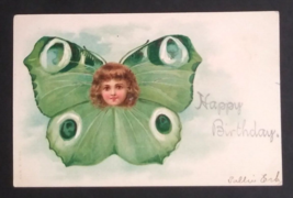 Happy Birthday Childs Face in Large Green Butterfly UDB A&amp;M B Postcard c1900s - £11.56 GBP