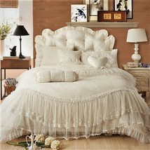 4pc. Luxury Princess Beige Lace Ruffles 100% Cotton 400TC Duvet Cover Bed Set - £231.47 GBP+