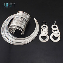 UKEN Indian Jewelry Set Fashion Metal Wire Torques Chokers Necklaces Bangle Earr - £34.31 GBP