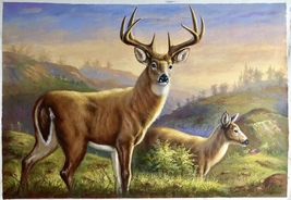 Deer on the Grassland Handmade Oil Painting Unmounted Canvas 24x36 inches - £392.36 GBP