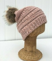 Gilrs Women Winter Warm Beanie Hat Pink Knit W/Confett / Faux Fur Pom St... - £12.77 GBP