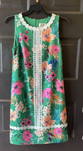 Eliza J Tropical Floral Shift Dress Green Pink White Lace Trim Sleeveles... - $34.65