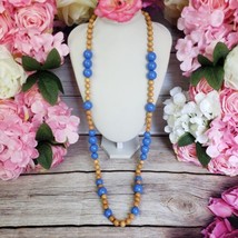 Signed Miriam Haskell 40&quot; Wood Blue Lucite Costume Necklace - £63.90 GBP