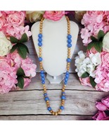 Signed Miriam Haskell 40&quot; Wood Blue Lucite Costume Necklace - £62.97 GBP