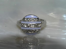 Estate Perwinkle Enamel Circle with 3 Clear Rhinestone Stripes Silvertone Ring - £8.79 GBP