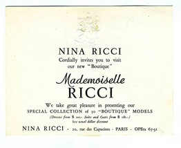 Nina Ricci Embossed Invitation to Boutique Mademoiselle Ricci Paris Fran... - £29.72 GBP