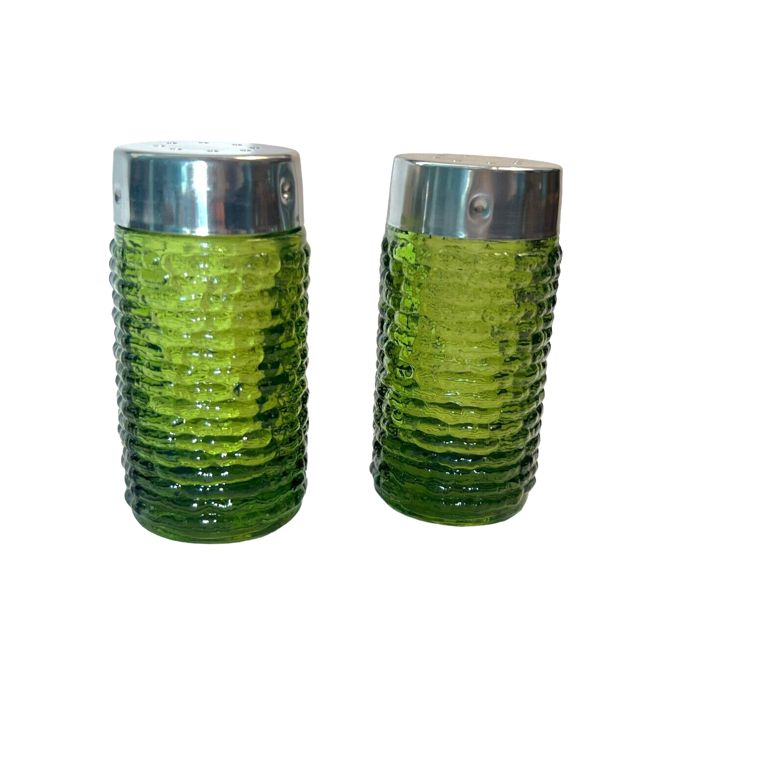 Vintage Anchor Hocking Glass Soreno Avocado Green 1960s Salt and Pepper Shakers  - $15.85