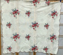 Vintage Tablecloth Spring Floral Red Boho Oblong Scalloped edge 52 &quot; by 56 &quot; - £14.23 GBP