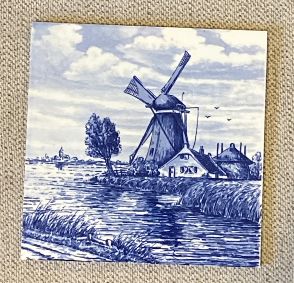 Blue Delft Hand Painted Vintage Art Tile Plaque Windmill Made Holland 6&quot;x6&quot; - $19.99
