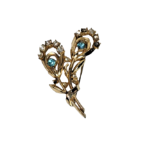 vintage floral flower brooch pin clear and turquoise rhinestone gold ton... - £3.86 GBP