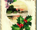 Christmas Greetings Winter Scene Forget Me Nots Holly Embossed DB Postca... - $4.42