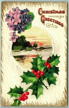 Christmas Greetings Winter Scene Forget Me Nots Holly Embossed DB Postcard F4 - £3.50 GBP