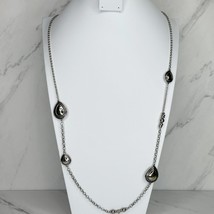 Chico&#39;s Silver Tone Hammered Metal Teardrop Station Long Chain Link Necklace - £15.52 GBP