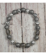 Foil Glass Matte Silver Clay Metal Spacer Stretch Bracelet Handmade 7.5&quot; - $18.80