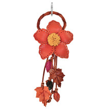 Vibrant Floral Tassel Orange Leather Bag Ornament or Keychain - $17.41