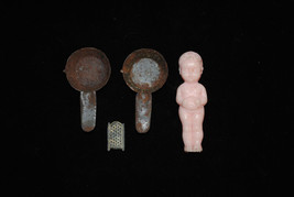 Lot of Antique German Tin Dollhouse/Toy Pans, Grater, &amp; Vintage Plastic ... - $18.70