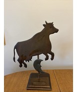 Vintage Metal Cow &amp; Moon Sculpture On Wooden Pedestal Figurine - $47.45 CAD