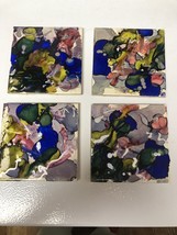 Hand Painted Set Of 4 Ceramic Tiles/Coasters, Trivet, Splatter Paint Abstract Ar - £15.75 GBP