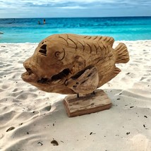 Teak Solid Wood Fish Sculpture Root Wood Angler Decoration Stand Carp - $159.05