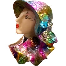 Porcelain Lady Face Brooch Pin Fancy Hat Scarf Irridescent Rhinestone Vi... - $17.34