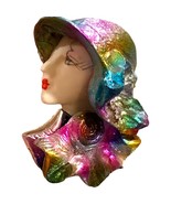 Porcelain Lady Face Brooch Pin Fancy Hat Scarf Irridescent Rhinestone Vi... - $23.67 CAD