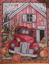 36&quot; X 44&quot; Panel Red Truck Pumpkin Shed Barn Autumn Cotton Fabric Panel D510.74 - £8.61 GBP