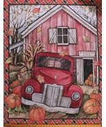36&quot; X 44&quot; Panel Red Truck Pumpkin Shed Barn Autumn Cotton Fabric Panel D... - £8.89 GBP