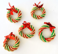 7 Woven Straw Spiral Wreath Ornaments + Red &amp; Green Vintage Scandinavian 3&quot; - £13.77 GBP