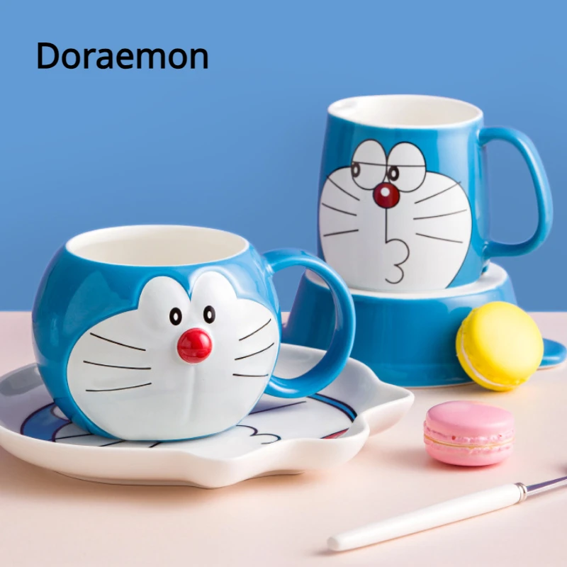 Kawaii Doraemon Cup with Lid Mug Cute Anime Peripheral Plate Bowl Ceramics Cup - £16.81 GBP+