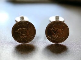 1942 Vintage British Farthing Wren Bird Coin Cuff Links UK Brittania Wood Case - £27.72 GBP