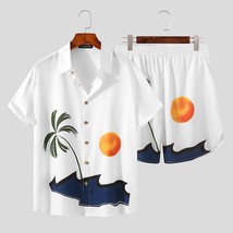 Summer Men white Printed Sets Streetwear Short Sleeve Beach Shirt Shorts  2022 C - £84.37 GBP