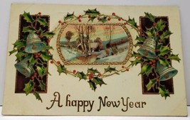 Happy New Year Picturesque Country Scene Gilded Hollyberry and Bells Pos... - $4.99