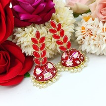 Bollywood Style Gold Plated Indian Fashion Jhumka Earrings Red Jewelry Set - £15.00 GBP