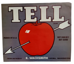 Vtg Tell Brand Apples Fruit Box Crate Label - Yakima, Washington R Wachsmith - £7.87 GBP