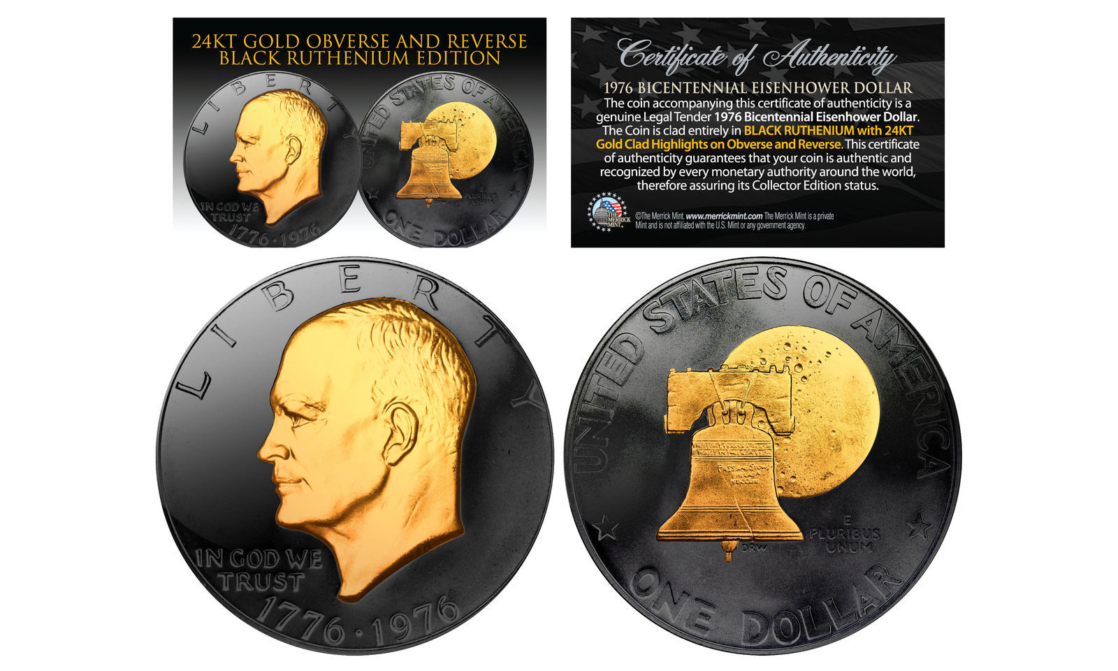Primary image for 1976 BLACK RUTHENIUM Bicentennial Eisenhower Dollar w/ 24K GOLD features 2-Sided