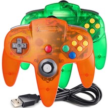 2 Pack Usb N64 Controller, Wired Pc Gamepad [3D Analog, Clear Green/Clear Orange - £27.25 GBP