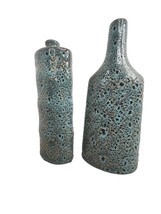 2 Pottery Vases Speckled Glaze Turquoise / Gold 10 in, 10.5 in Asymmetrical - £10.92 GBP