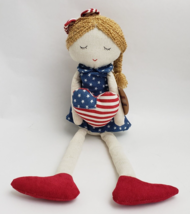 Americana Patriotic Shelf Sitter Doll Red White Blue Heart Pillow Hair Bow 18&quot; - £23.64 GBP