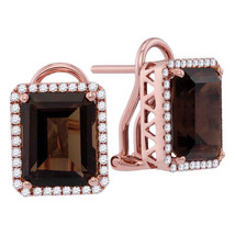 14k Rose Gold Womens Emerald-shape Smoky Quartz Diamond Stud Earrings 6-7/8 Cttw - £837.61 GBP