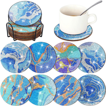 8 Pcs Diamond Coasters Blue Marble Ocean Art with Holder DIY Rustic Absorbent fo - £16.21 GBP