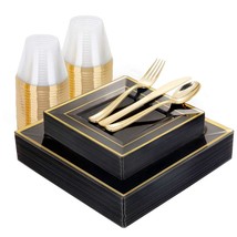 150 Pcs Clear Black Plastic Plates, Disposable Silverware And Cups, Gold Square  - £50.35 GBP