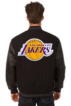NBA Los Angeles Lakers Wool Leather Reversible Jacket Embroide Patch Logos Black - £201.06 GBP