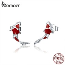 Fish Red Enamel Stud Earrings for Women 925 Sterling Silver Spring Koi Ear Studs - £9.00 GBP