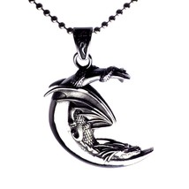 Fantasy Dragon Necklace Silver Stainless Steel Crescent Moon Draco Penda... - £15.17 GBP