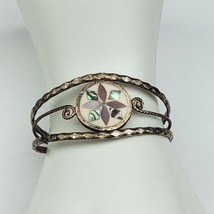 Vintage Alpaca Mexico Silver Tone Mother of Pearl Flower Inlay Cuff Bracelet - £11.19 GBP