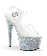 SALE PLEASER Sexy 7&quot; Heel Silver Glitter Platform Clear Ankle Strap Shoes 8 - $892.12 MXN