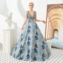 Beautiful Ball Gown Evening Dresses Elegant Blue V-Neck Sheer Neck Beading Cryst - £357.66 GBP