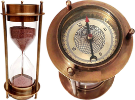7&quot; Nautical Brass Sand Timer Hourglass with Maritime Brass Compass Table Decorat - £24.51 GBP