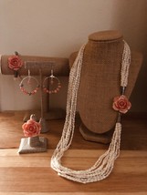 10 Strand Vintage Freshwater Pearl &amp; Large Batik Salmon Glass Rose Jewelry Set.  - £112.59 GBP