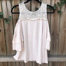 Umgee Cold Shoulder Top Boho Size Small Crochet Knit Ivory Layered Sleeves - £7.89 GBP